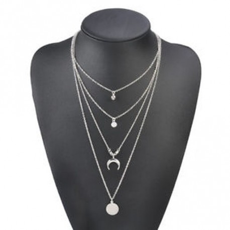 Ezüst - Női Multilayer Choker Horn Hosszú holdfüggő Hold Pendant Necklace Chain Új