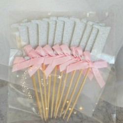 10db 1-es - Ezüst színű rózsaszín masnis tortadísz szülinapra