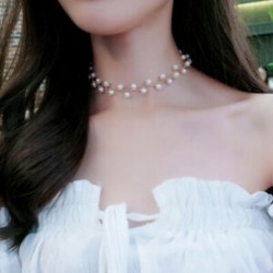* 2 Fehér   Arany Nők Pearl Bling geometriai alakzat szálak Mesh Choker gallér nyaklánc ékszerek
