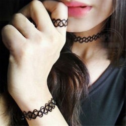 Vintage Stretch Tattoo Choker nyaklánc karkötő gyűrű készlet fekete elasztikus Boho 90s