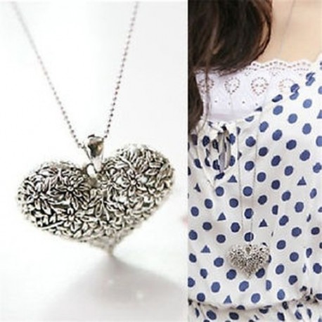 Retro női faragott szív virág hosszú lánc ezüst tónusú medál nyaklánc ajándék JP