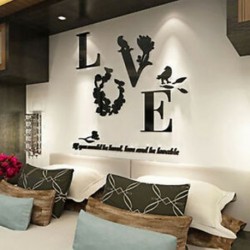 * 2 Fekete Stílusos 3D levehető levél LOVE fali matrica Art Vinyl Decals Hálószoba dekoráció Új