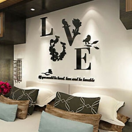 * 2 Fekete Stílusos 3D levehető levél LOVE fali matrica Art Vinyl Decals Hálószoba dekoráció Új