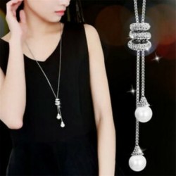 * 12 Ezüst Elegáns női kristály gyöngyös nyaklánc hosszú bojt medál pulóver lánc ékszer