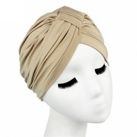 Bézs Nők Stretchable indiai Chemo vésett Turban kalapot fej Wrap Hijab Cap fejszár
