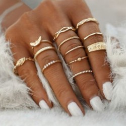 12Pcs / szett Vintage női arany kristály strasszos középső ujj gyűrű gyűrűk ékszerek
