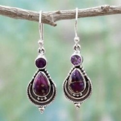 Női Boho Purple Copper Turquoise Hook fülbevaló 925 ezüst Dangle fülbevaló