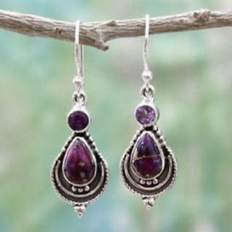 Női Boho Purple Copper Turquoise Hook fülbevaló 925 ezüst Dangle fülbevaló