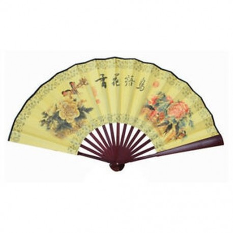 1X (bambusz madár virágmintás hordozható kézi ventilátor szövet világos sárga D9T2)