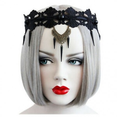 Gótikus punk stílusú szegecs Lolita tiara fekete csipke homloka fejpánt Halloween C4R3