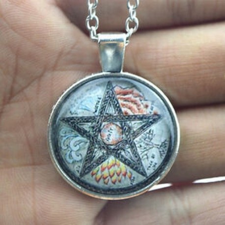 Vintage pentagram Cabochon tibeti ezüst üveg lánc medál nyaklánc ékszerek
