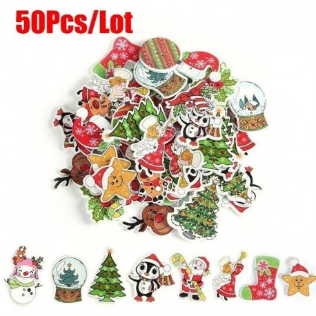Nincs szín - 50db / tétel 2 lyuk Scrapbooking Mikulás szarvas fából készült karácsonyi gombok varrása