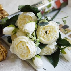 fehér - Házikert mesterséges selyem bazsarózsa virágok csokor hamis levél esküvői party dekoráció