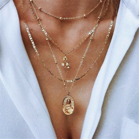 * 62 Ezüst természetes héj lánc ... - Többrétegű női női ötvözet kulcscsont choker nyaklánc bűbáj lánc ékszerek