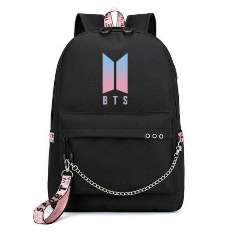 Fekete hátitáska - Színes BTS logóval - lánccal - KPOP - BTS - Bangtan Boys