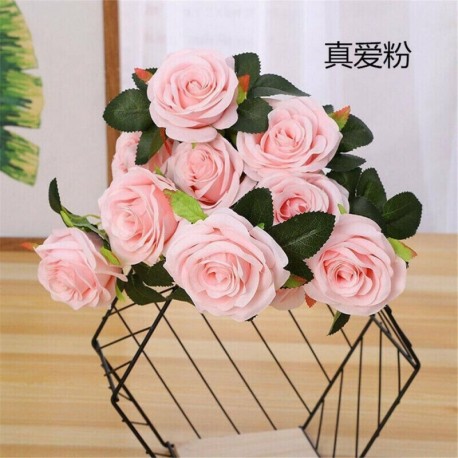 Világos rózsaszín - 10 fej nyitott rózsa csokor nagy prémium selyem mesterséges hamis virágok party dekoráció