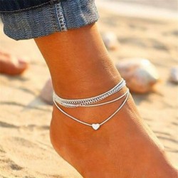 Nincs szín - Ezüst szívű boka karkötő többrétegű női bokalánc állítható láncos strand UK