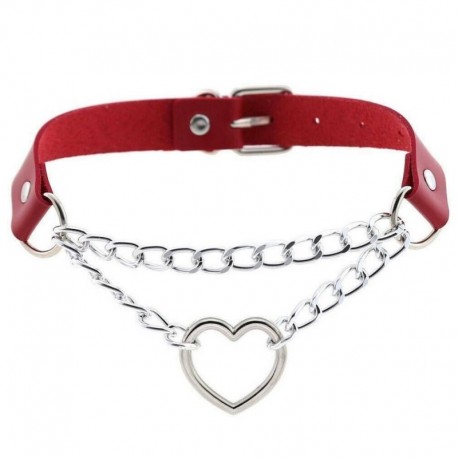 Piros - Női punk choker nyaklánc gallér PU bőr gótikus szív hosszú lánc Egyesült Királyság