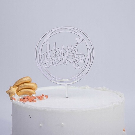Happy Birthday - Ezüst színű kerek akril tortadísz szülinapra - 2