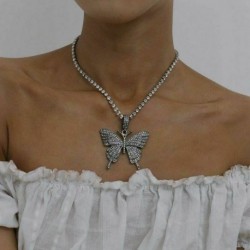Szürke* - Pillangós medál nyaklánc strasszos ragyogó nyilatkozat Crystal Charms Choker