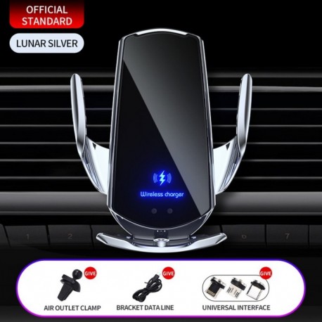 Ezüst 1 szett - 15 W / 10 W / 7,5 W / 5 W automatikus rögzítő QI vezeték nélküli autós töltő tartó tartó