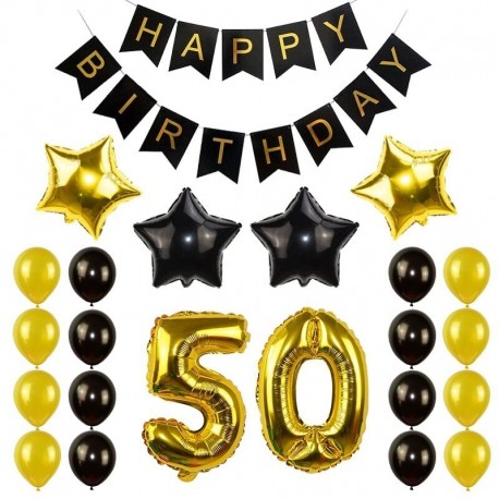 Fekete arany-50 - Születésnapi party dekorációs készlet boldog születésnapot szalagcím héliumszám léggömb gyerek