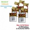 5db - 751517 3,7v 100mah újratölthető lítium polimer akkumulátor Cx10 CX-10 CX-12 JJ810 820 828 V646 RC Quadrocopter Li ion