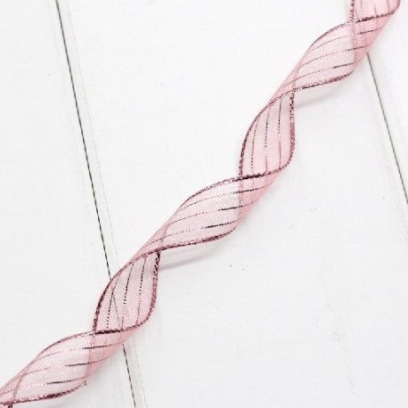 Szín: 16mm rózsaszín - 16 mm-es ezüst drótcsíkos organza szalag, kézzel készített szalag, barkácsolás, szatén szalag