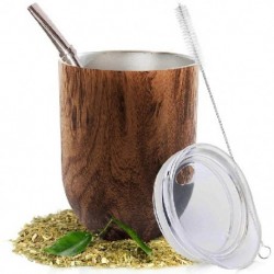 Szín: Fa erezet - Yerba Mate tökből készült tea csésze készlet 12 oz, duplafalú, rozsdamentes kávé vízszűrős kanál