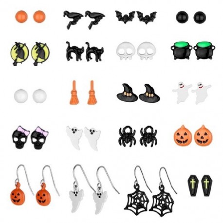 Fém szín: készlet - 20 pár halloween fülbevaló szett denevér pókháló csontváz sütőtök lámpa Ghost kereszt medál