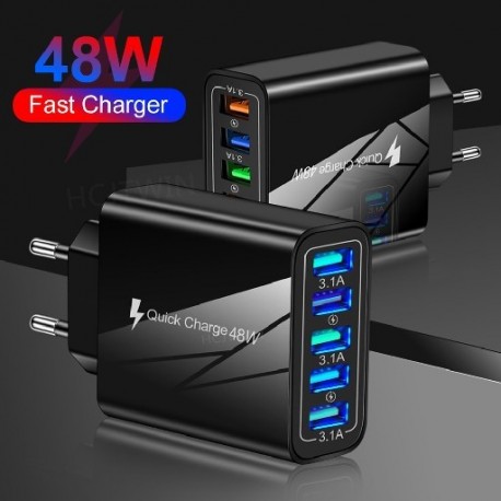 Szín: EU dugó fekete - 48 W-os USB töltő gyorstöltő 5 portos USB mobiltelefon töltő iPhone 12 13 Max készülékhez