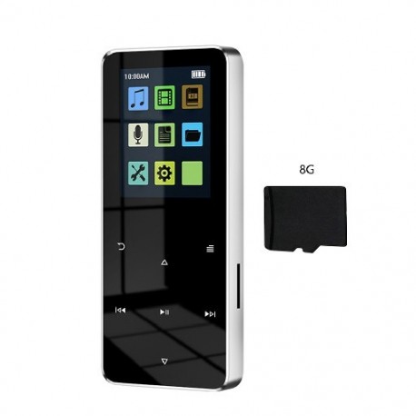 Szín: ezüst 8G - MP4 lejátszó Bluetooth beépített hangszóróval Érintőgombos FM rádió Videó lejátszás E-könyv