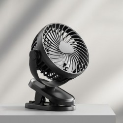 Fekete szín - USB mini klip ventilátor elemmel működő, újratölthető asztali ventilátor, 360°-os forgás, 3 sebességes