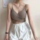 Fehér szín - Divatos női bordás keresztes felsők Nyári, őszi, mély V nyakú Basic Vest Crop felsők Ujjatlan camisole