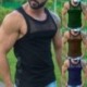 Szín: zöld - Férfi hálós felsők Ujjatlan ingek Egyszínű izommellény Alsóingek O-nyakú Slim Fit Gym póló