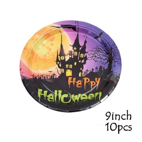 Szín: 9 hüvelyk 10 db - Halloween lila kastély eldobható parti étkészlet Halloween dekoráció otthonra Horror házibuli