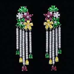 Fém szín: színes - CWWZircons Noble Multi Color Virág lógó CZ Stone Long Big Bojt Fülbevaló Női Luxus Cubic cirkónia