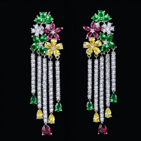 Fém szín: színes - CWWZircons Noble Multi Color Virág lógó CZ Stone Long Big Bojt Fülbevaló Női Luxus Cubic cirkónia