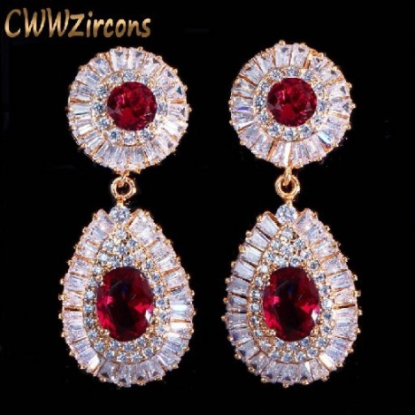 Fém színe: piros - CWWZircons gyönyörű kék köbös cirkónia Pave Long Dangle Drop Dubai aranyozott menyasszonyi esküvői
