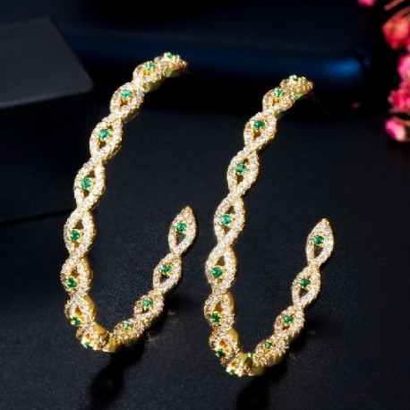 Fém színe: zöld - CWWZircons fényes kerek zöld köbös cirkon kő sárga arany színű nagy karikás fülbevaló nőknek