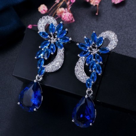 Fém Szín: kék - CWWZircons Márka Egyedi Design Ezüst színű Luxus Cubic Circon Virág Csepp Stones Hosszú Királykék