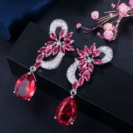 Fém színe: piros - CWWZircons Márka Egyedi Design Ezüst Szín Luxus Cubic Circon Virág Csepp Stones Hosszú Királykék