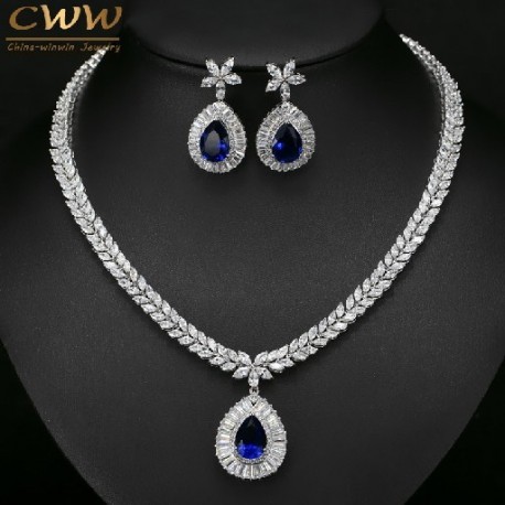 Fém színe: kék - CWWZircons kiváló minőségű fehérarany színű cirkónia burkolt nagy vízcsepp menyasszonyi esküvői