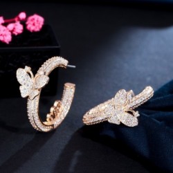 Fém színe: sárga arany - CWWZircons Shiny Micro Pave Cubic cirkónia kör, aranyos pillangós karika fülbevaló női új