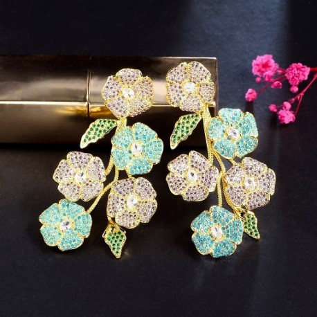 Fém szín: luxus - CWWZircons Bájos törökkék kő és lila cirkónia nagy hosszú, csepp virágos fülbevaló menyasszonyi