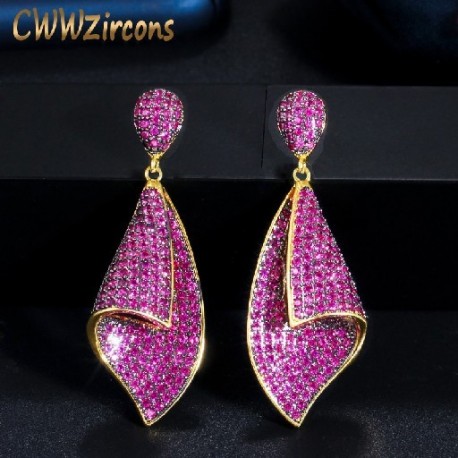 Fém szín: forró rózsaszín - CWWZircons Fancy Micro Pave Hot Pink Red Cubic Circon Stone Long Dangle Drop Fülbevaló Női