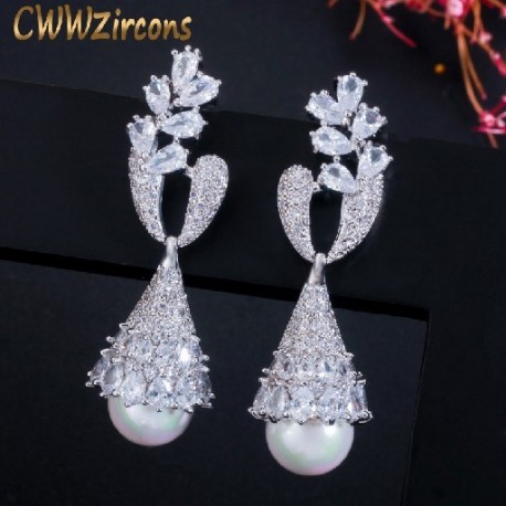 Fém színe: ezüst - CWWZircons Elegáns szimmetrikus levél lógó hosszú gyöngy fülbevaló nőknek Divatos cirkónia