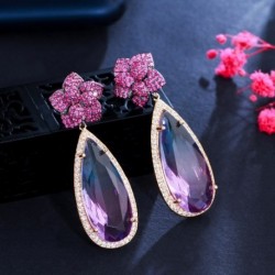 Fém szín: elegáns kivitel - CWWZircons új divatos hosszú, nagy lógó csepp piros rózsaszín CZ kristály virágos