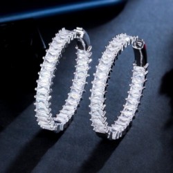 Fém szín: ezüst színű - CWWZircons Elegáns bagett bambusz cirkónia nagy kör, kerek karika fülbevaló nőknek Luxus