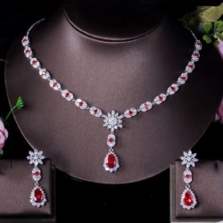 Fém színe: piros - CWWZircons elegáns fehérarany színű virág vízcsepp női parti esküvői nyaklánc és fülbevaló